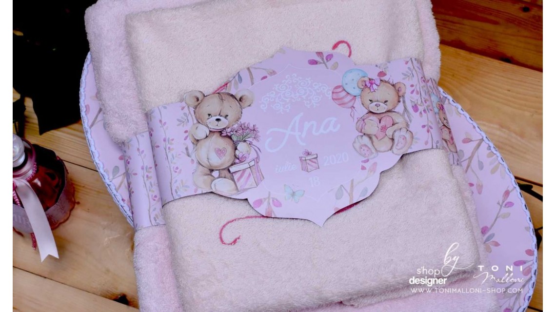 Trusou botez cu ursuleti roz si broderie personalizata Teddy Bear Pink 5